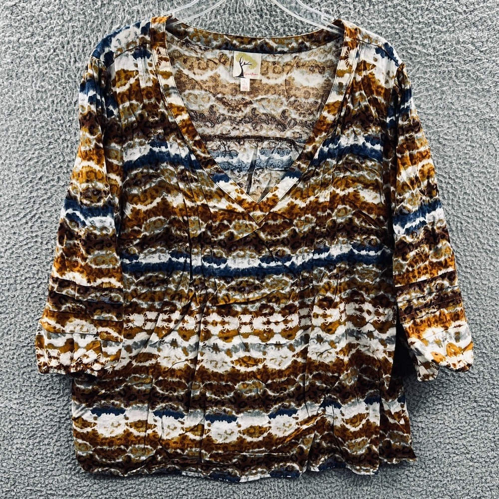 Women Artsy Boho Knit Top 2X Abstract Stripe 3/4 Sleeve Lagenlook Casual Relaxed